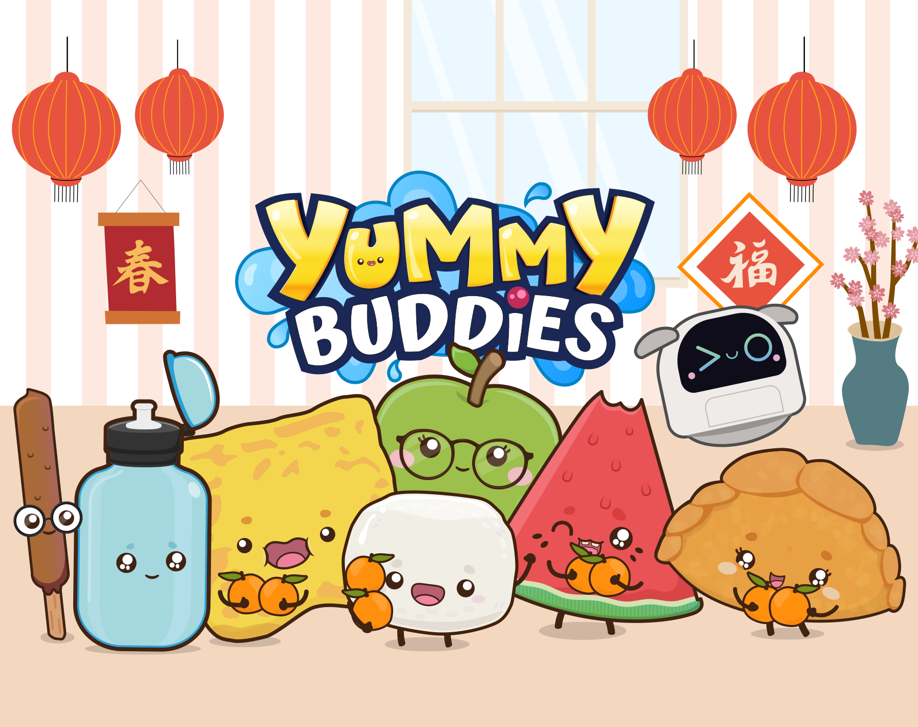 The Yummy Buddies characters gathered together holding mandarin oranges in a festively decorated room with red lanterns for Chinese New Year.